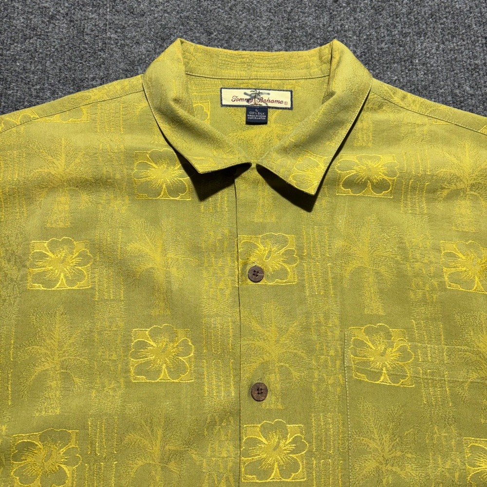 Tommy Bahama Mens Large Silk Camp Shirt Chartreuse Green Hibiscus Palm Jacquard